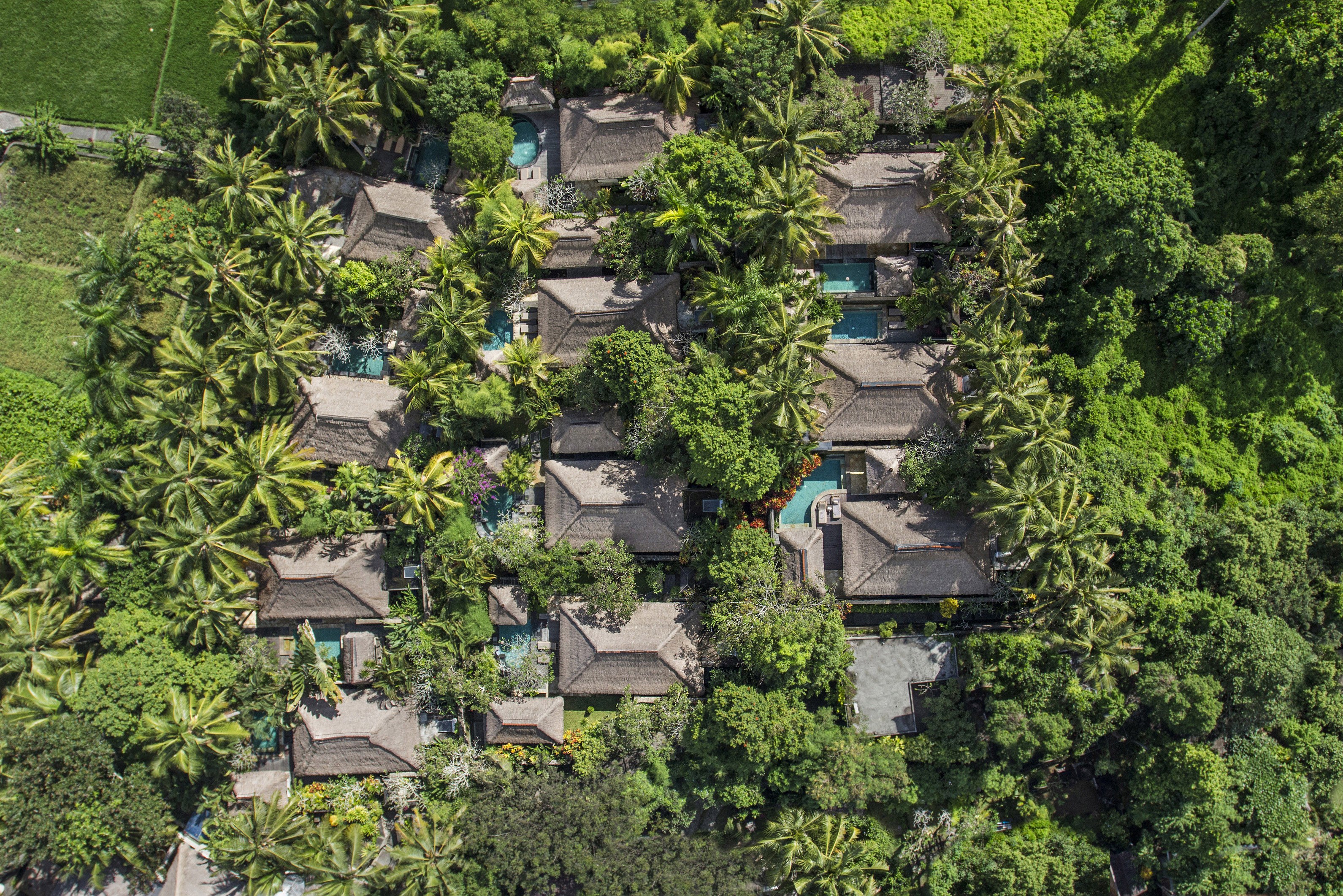 Luchtfoto privé villas Ubud Village Resort