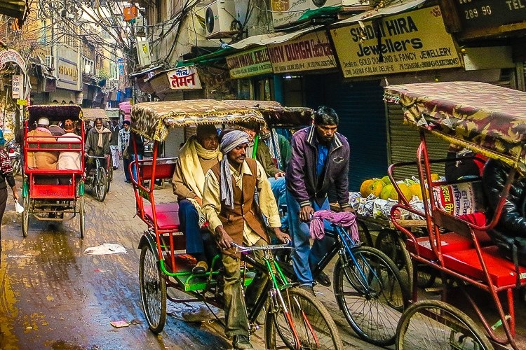 Riksja rit in Oud-Delhi in India
