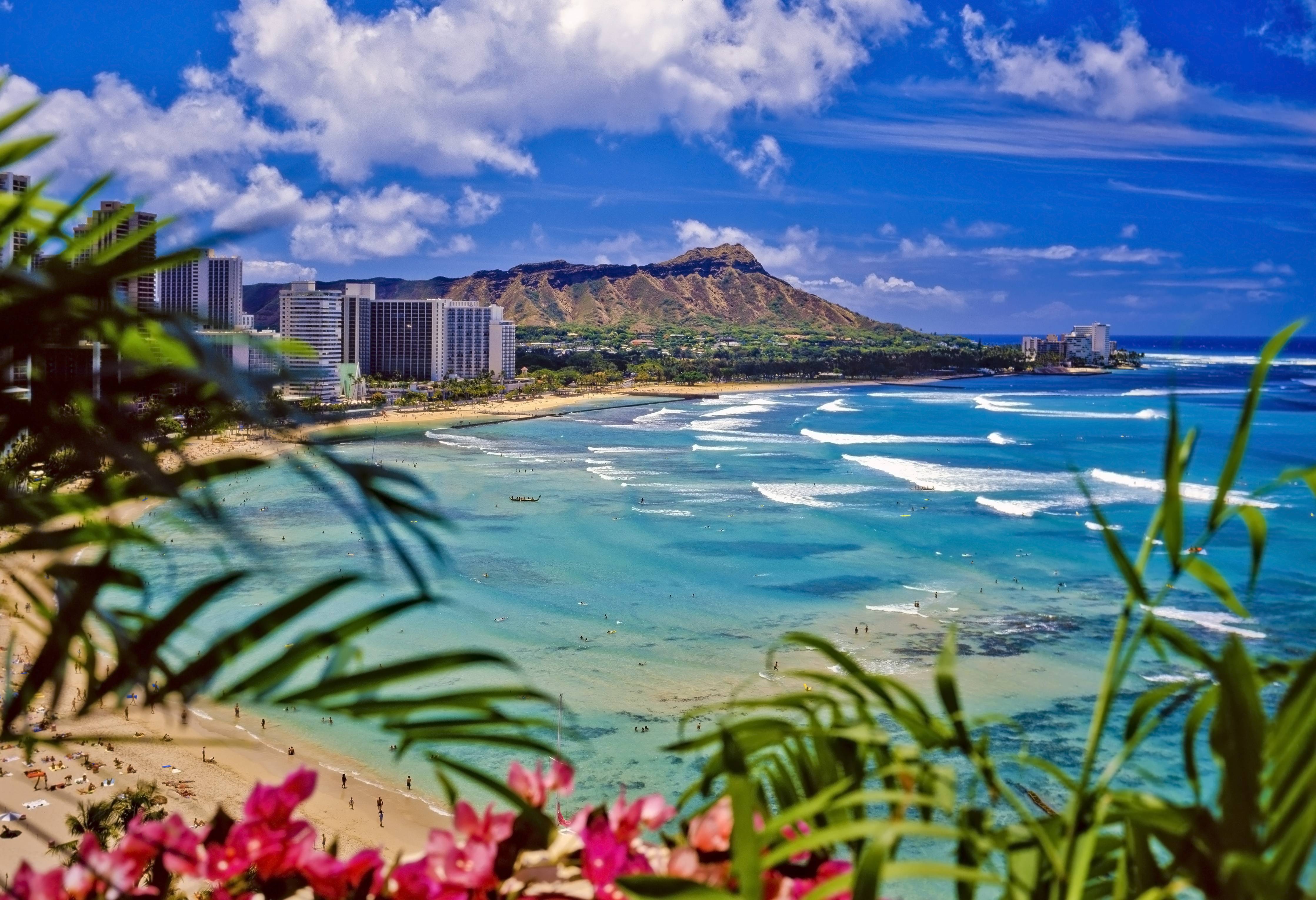 Waikiki Beach op Hawaii met Diamond Head